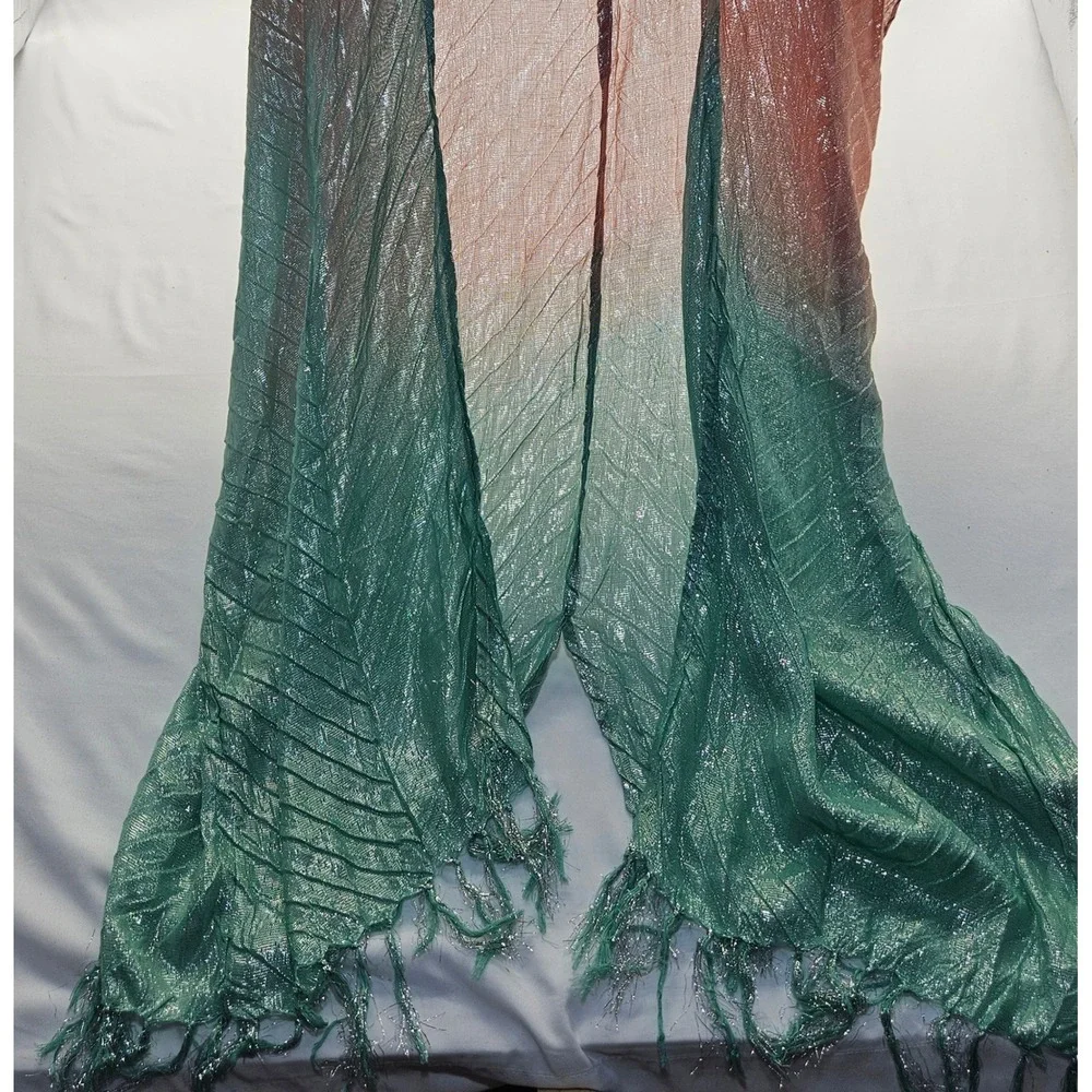 Anthropologie Ombre Pleated Metallic Wrap Shawl Coral Green Fringe One Size NWT